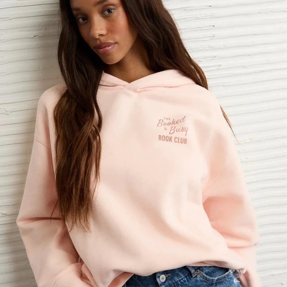 American Eagle Pink Book Club Sweatshirt Hoodie XS NWT Booked & Busy - Picture 10 of 13